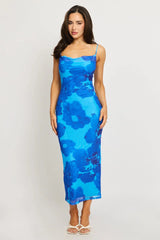 Blue Floral Bodycon Dress Cowl Neck Maxi