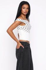 Cherry Charm Cinched Waist Top White Polka Dot