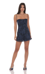 Textured Floral A-line Dress in Navy