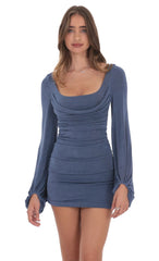 Ruched Cowl Neck Dress in Denim Blue