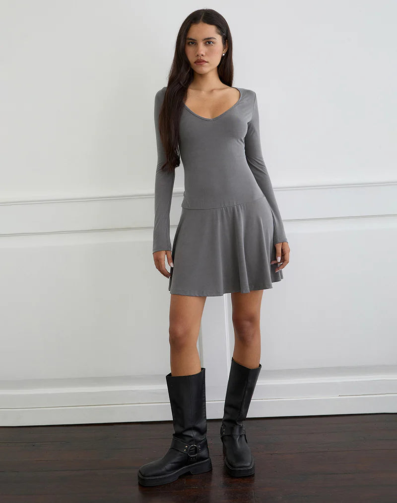 Yauri Long Sleeve Mini Dress in Cupro Grey