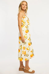 Orange Abstract Midi Dress Ribbon Detail Strappy