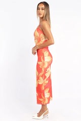 Orange Floral Bodycon Dress Maxi Mesh