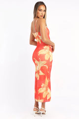 Orange Floral Bodycon Dress Maxi Mesh