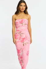 Pink Floral Strapless Maxi Dress