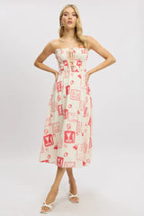 Red Abstract Midi Dress Ribbon Detail Strappy