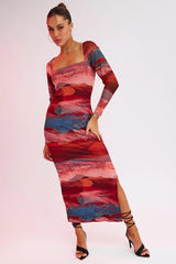 Multi Abstract Maxi Dress Long Sleeve Square Neck Mesh Bodycon