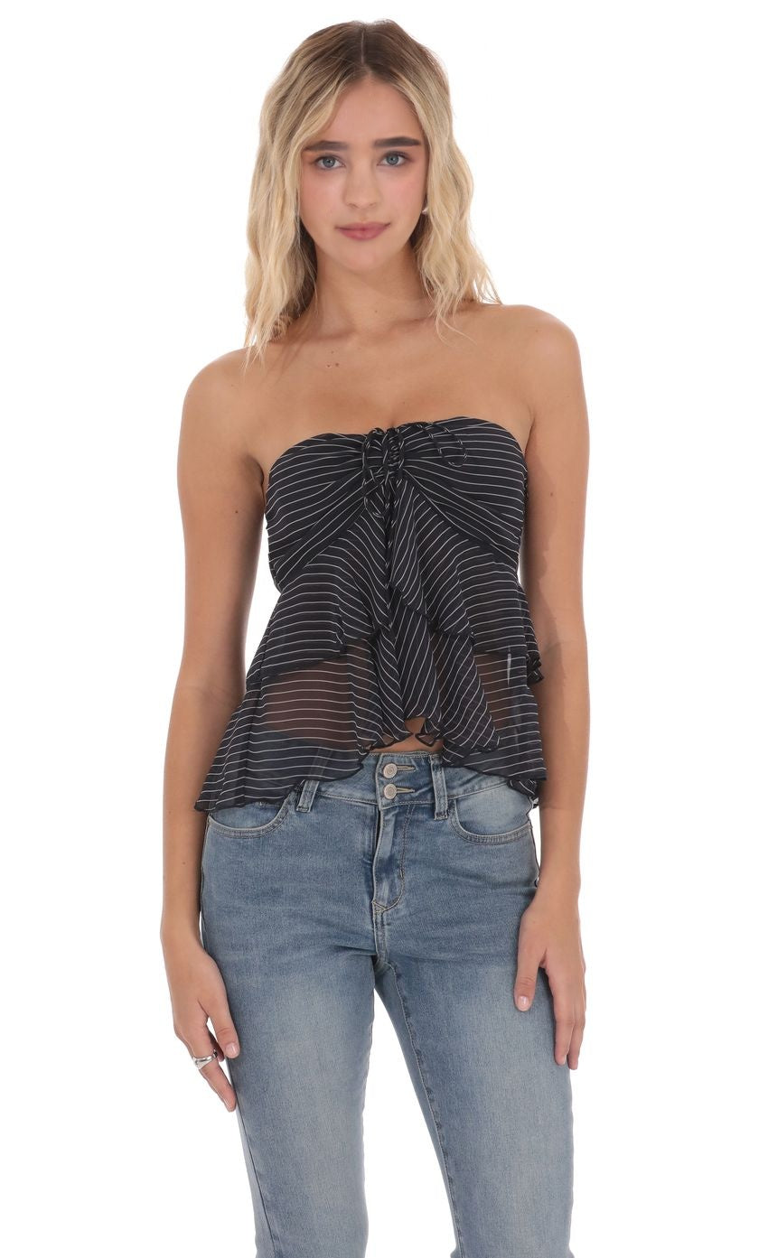 Striped Chiffon Strapless Ruffle Top in Black