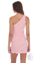 Ruffle Rhinestone One Shoulder Dress in Pink