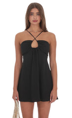 Shimmer Pinstripe Fit and Flare Dress in Black