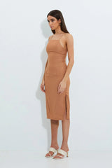 Beige Designer Linen Look Racer Neck Midi Dress