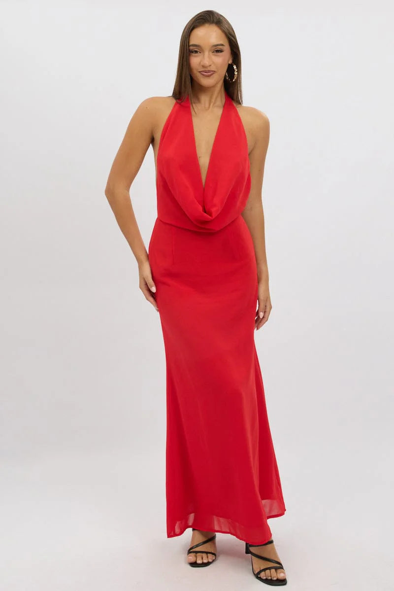 Red Cowl Neck Maxi Dress Chiffon