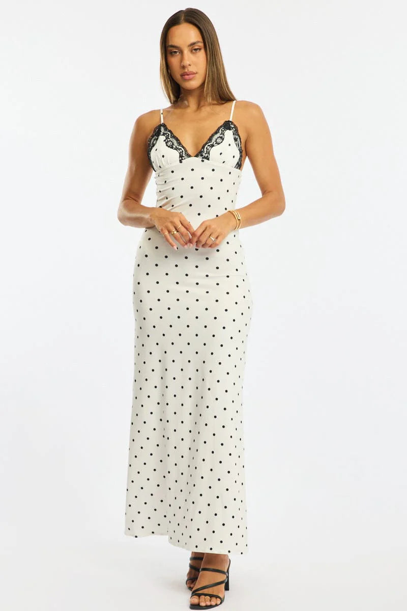 White Polka Dot Maxi Dress Lace Bust