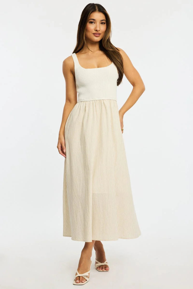 Beige Stripe Knit Dress Maxi