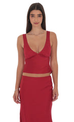 Satin V-Neck Top in Red