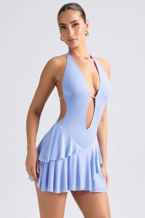 Ruffled Cut-Out Halterneck Mini Dress in Periwinkle Blue