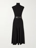 Belted leather-trimmed wool-blend turtleneck midi dress