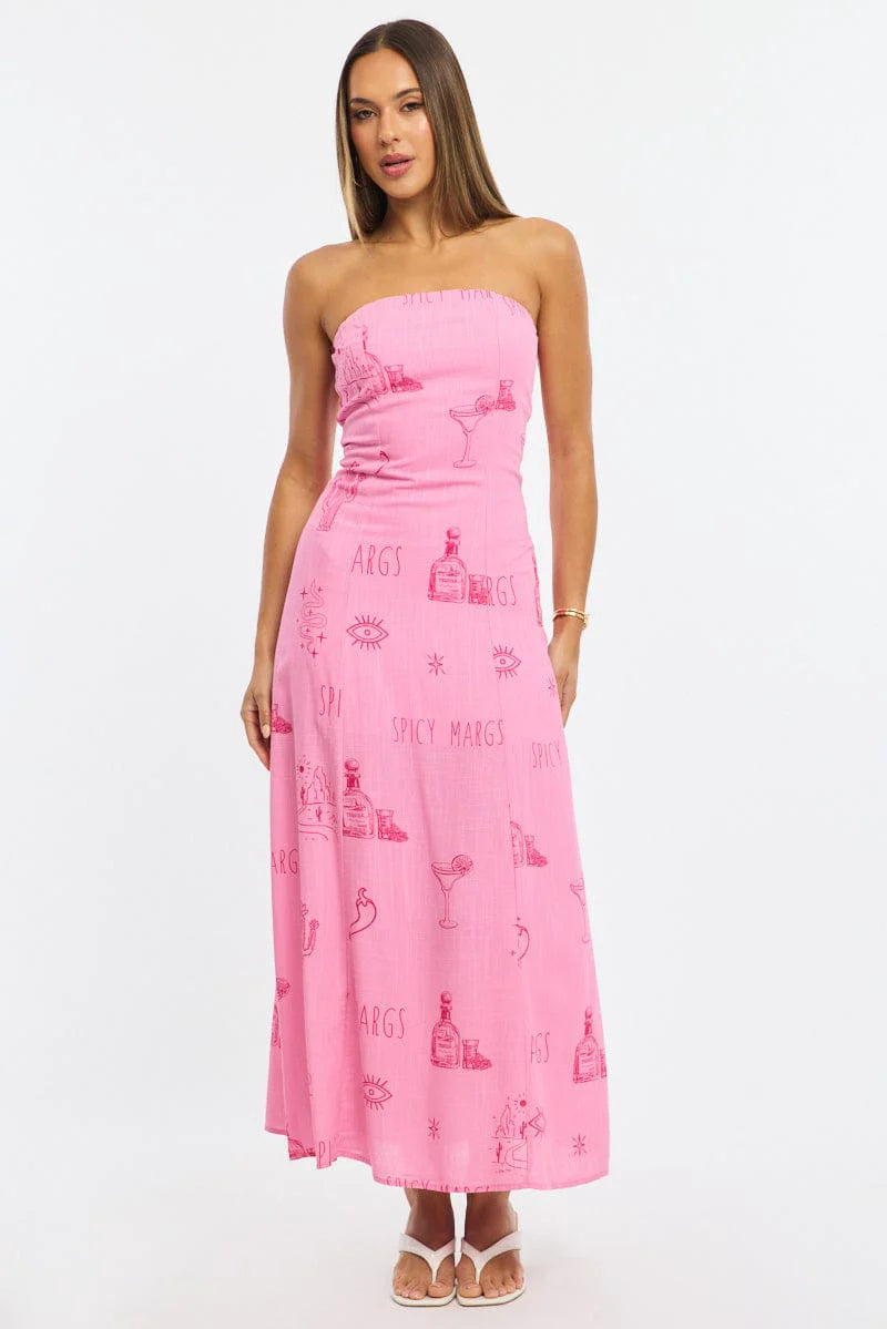 Pink Abstract Strapless Maxi Dress