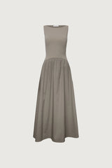 BOAT NECK GATHERED WAIST MIDI DRESS
