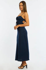 Blue Midi Dress Ribbon Detail Satin