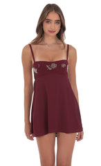 Beaded Floral Babydoll Dress in Burgundy