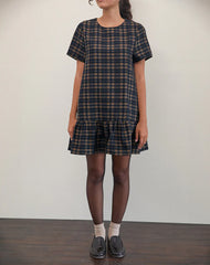 Asterin Mini Smock Dress in Navy Mustard Check