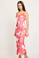 Red Floral Bodycon Dress Cowl Neck Maxi