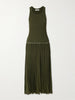 Pleated pointelle-trimmed ribbed-knit midi dress