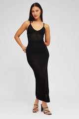 Black Knit Dress Sleeveless V Neck Midi Mixed Crochet