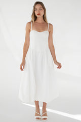 COTTON POPLIN V-WAIST BUBBLE HEM MIDI DRESS
