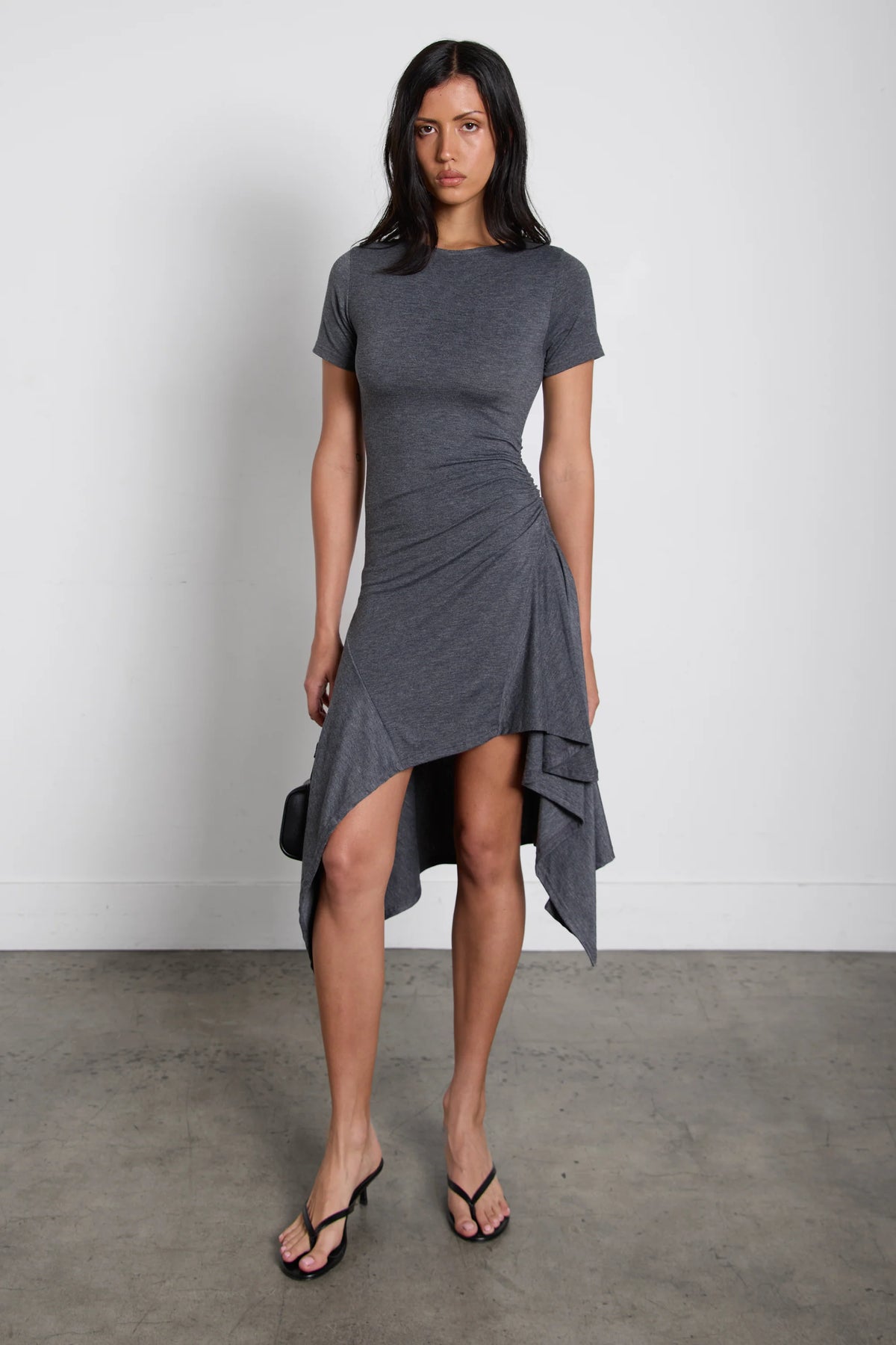 ASYMMETRICAL RUFFLE HEM MIDI DRESS