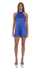 Satin Halter Shift Dress in Royal Blue