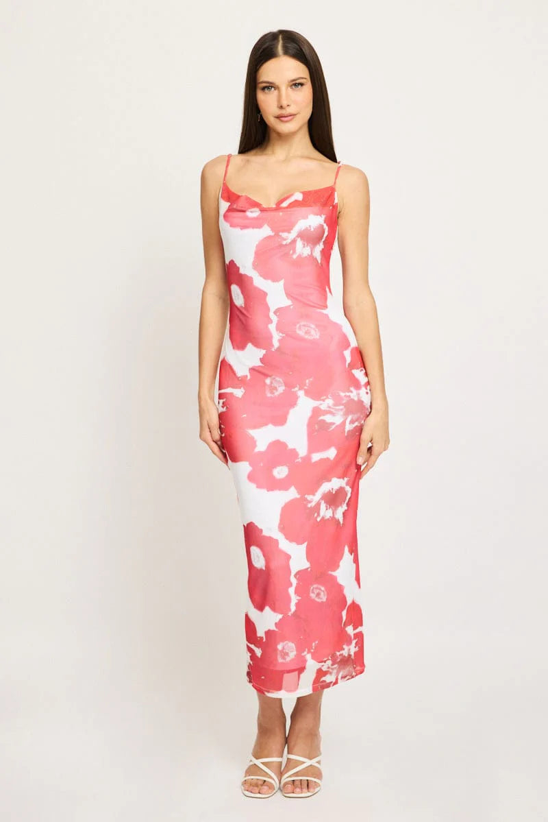 Red Floral Bodycon Dress Cowl Neck Maxi