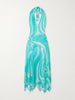 Printed silk twill-trimmed crepe-jersey halterneck midi dress