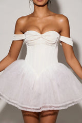 Off-Shoulder Layered Corset Micro Mini Dress in White