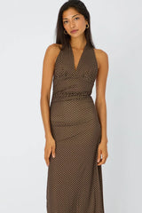 Brown Polka Dot Halter Neck Midi Dress