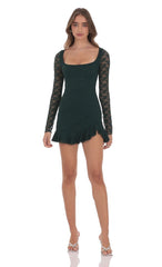 Green Lace Ruffle Long Sleeve Dress