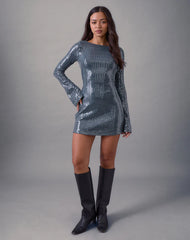 Kimberly Mini Dress in Sequin Dark Teal