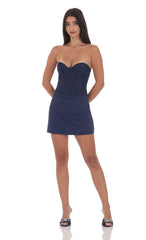 Navy Draped Waist Lace Corset Dress
