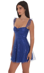 Sequin Ruffle Strap A-Line Dress in Blue