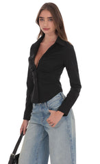 Ruched Button-Up Shirt in Black