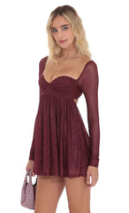 Long Sleeve Foil Babydoll Dress in Burgundy