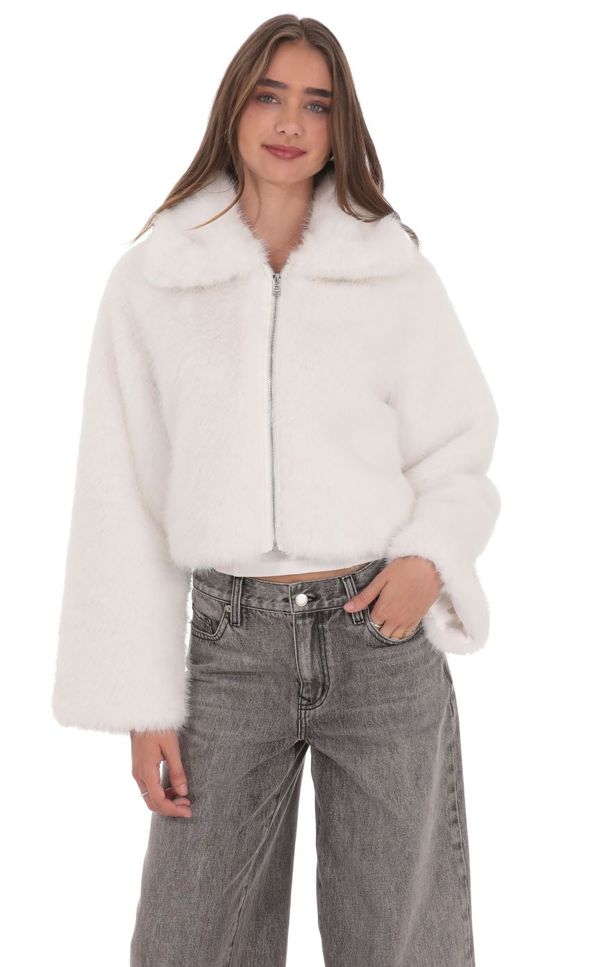 Faux Fur Cropped Jacket in White