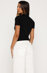 Sweet But Serious Cinched Waist Collared Top Black