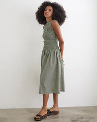 Undine Midi Dress in Mini Gingham Dark Green