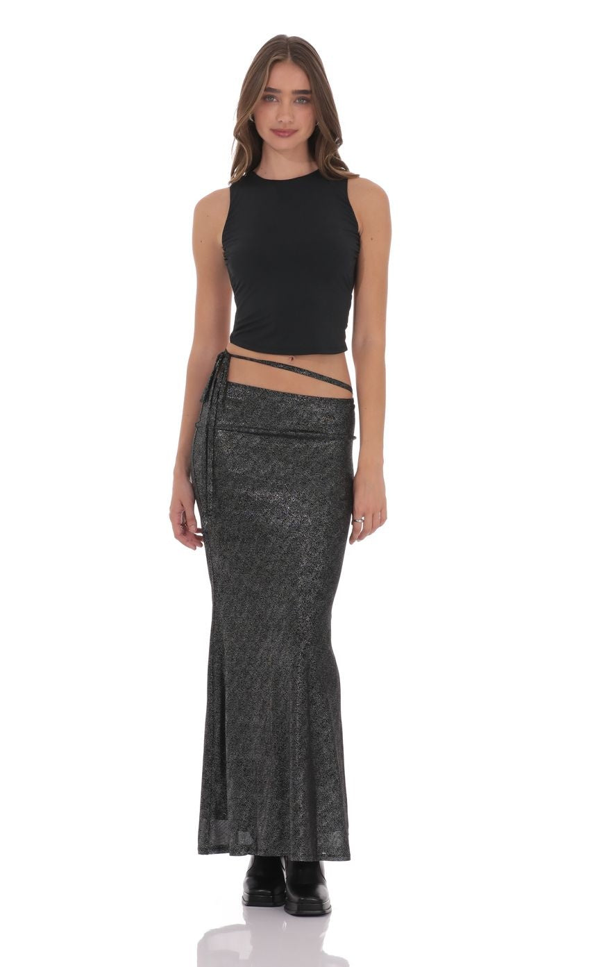 Foil Mesh Wrap Maxi Skirt in Black
