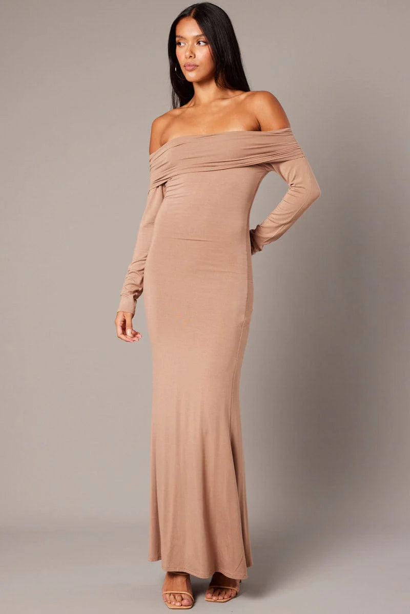 Brown Off Shoulder Dress Long Sleeve Maxi