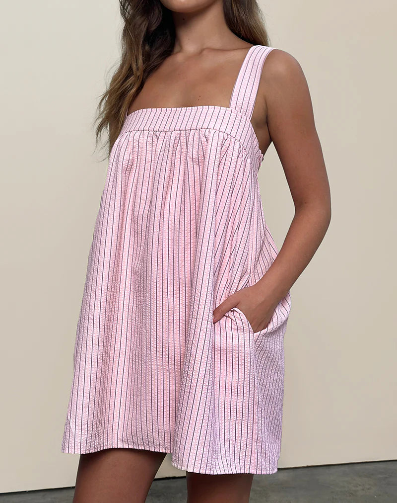 Sasori Smock Mini Dress in Pink Stripe