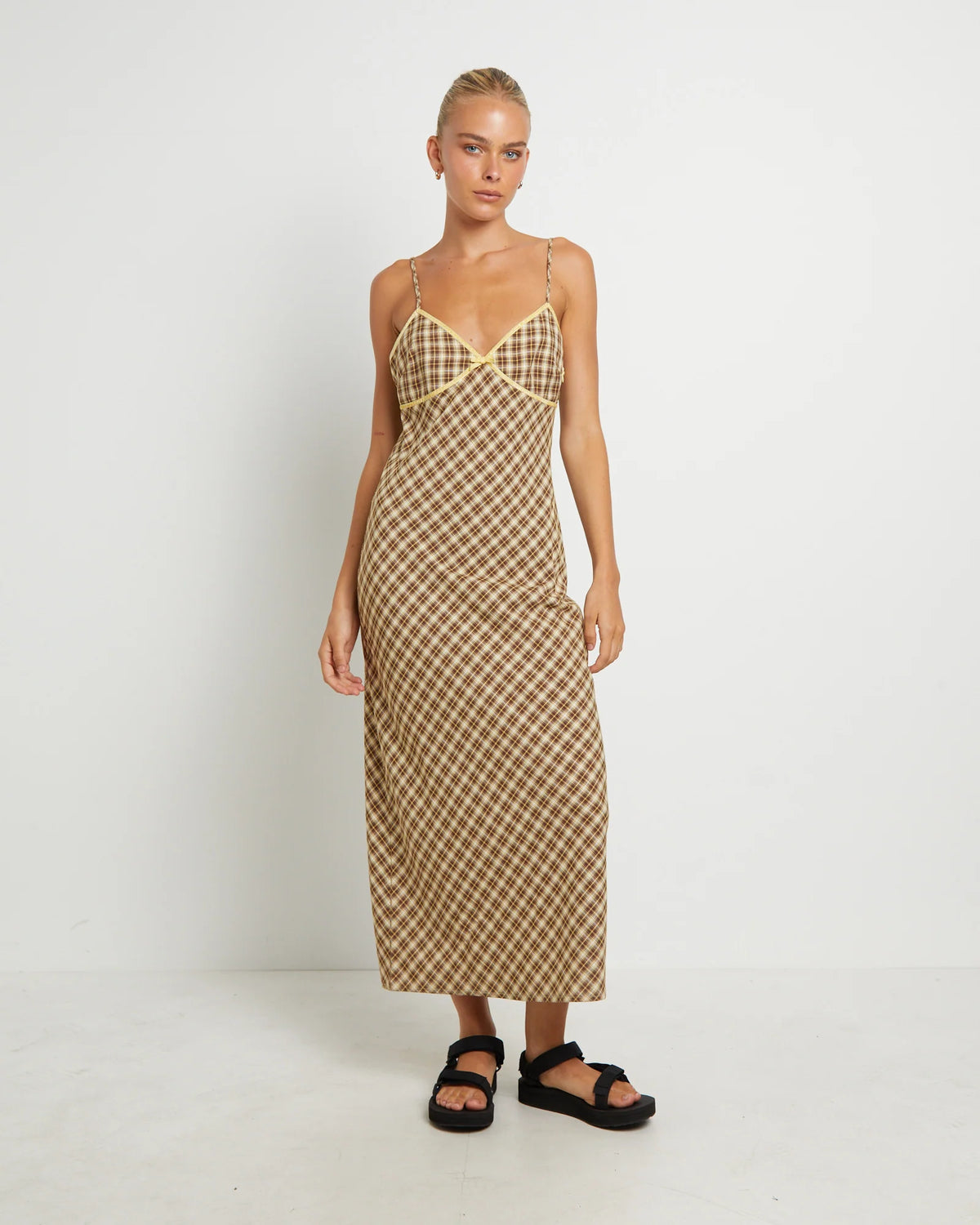 Jenny Plaid Bias Midi Dress in Assorted