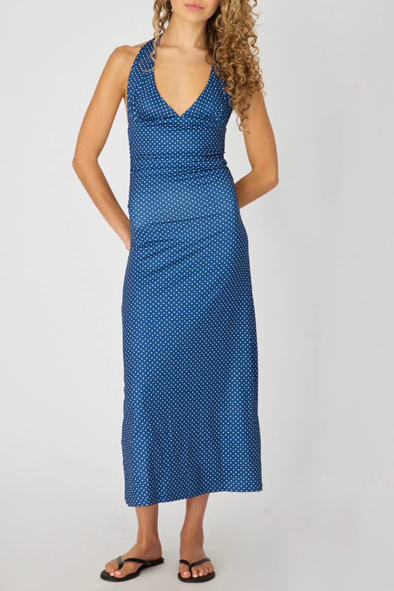 Blue Polka Dot Halter Neck Midi Dress